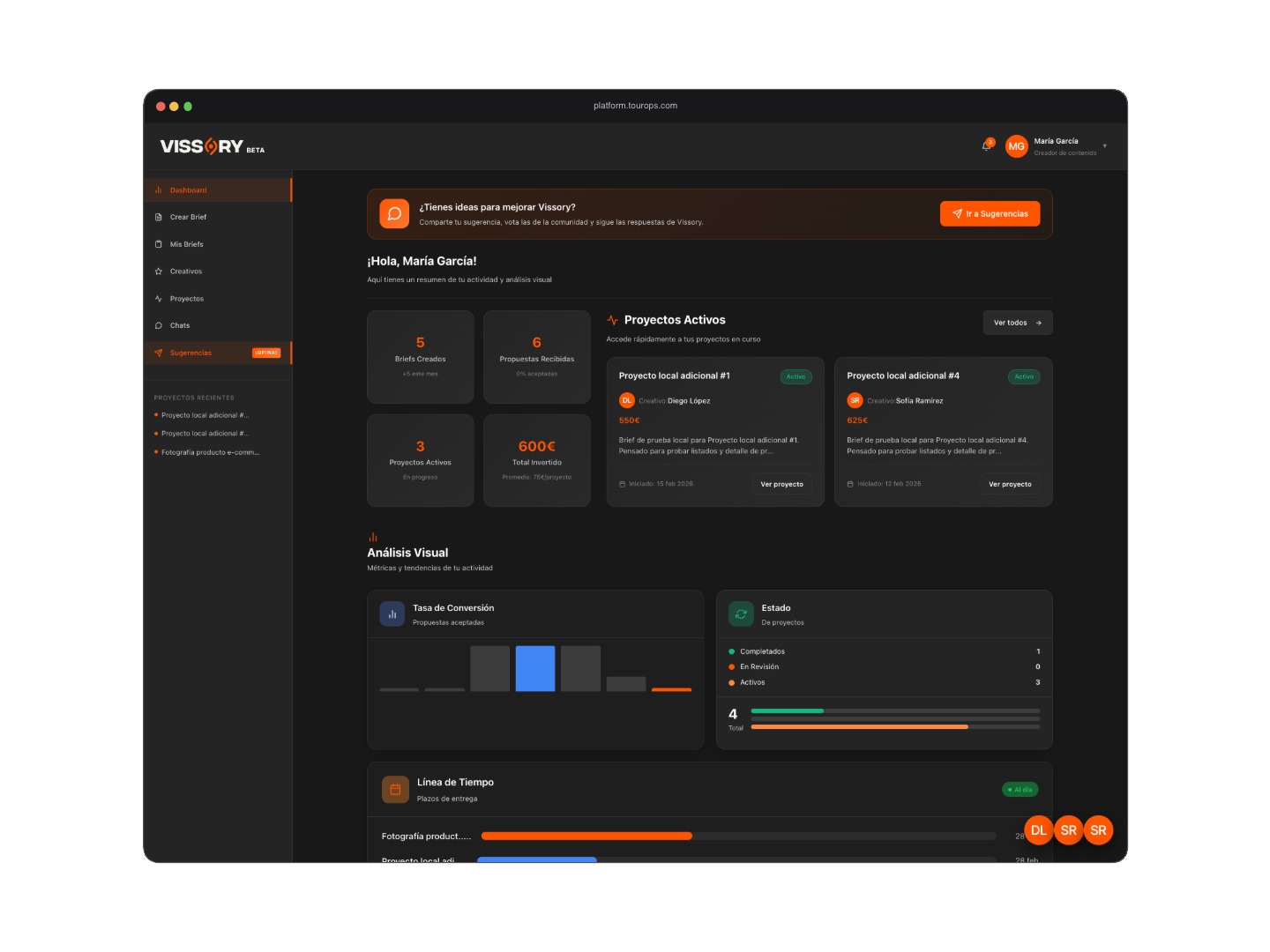 Dashboard de Vissory — briefs, propuestas y proyectos